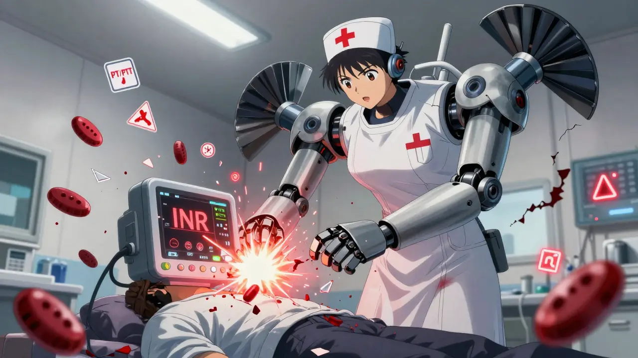 A robotic nurse tries to stop an exploding INR monitor in a glowing emergency room battlefield.