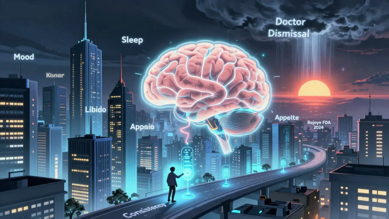 A symbolic brain-city with mood indicators being restored by a person placing data chips along a path of consistency.