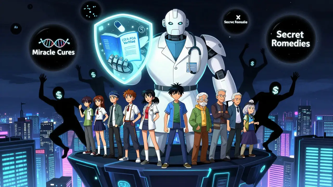 A wise robot doctor protects diverse people from fake health claims using verified science as a shield.