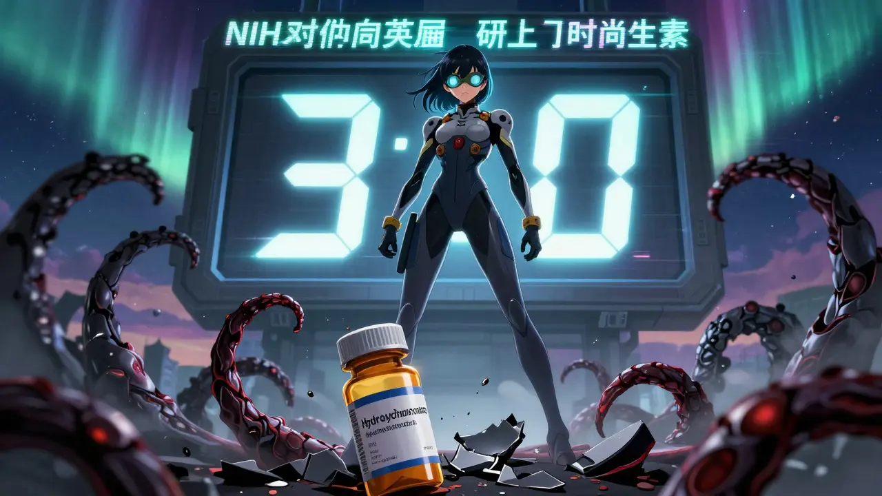A woman in armored suit stands on a broken pill bottle, fighting optic nerve damage under a countdown clock.