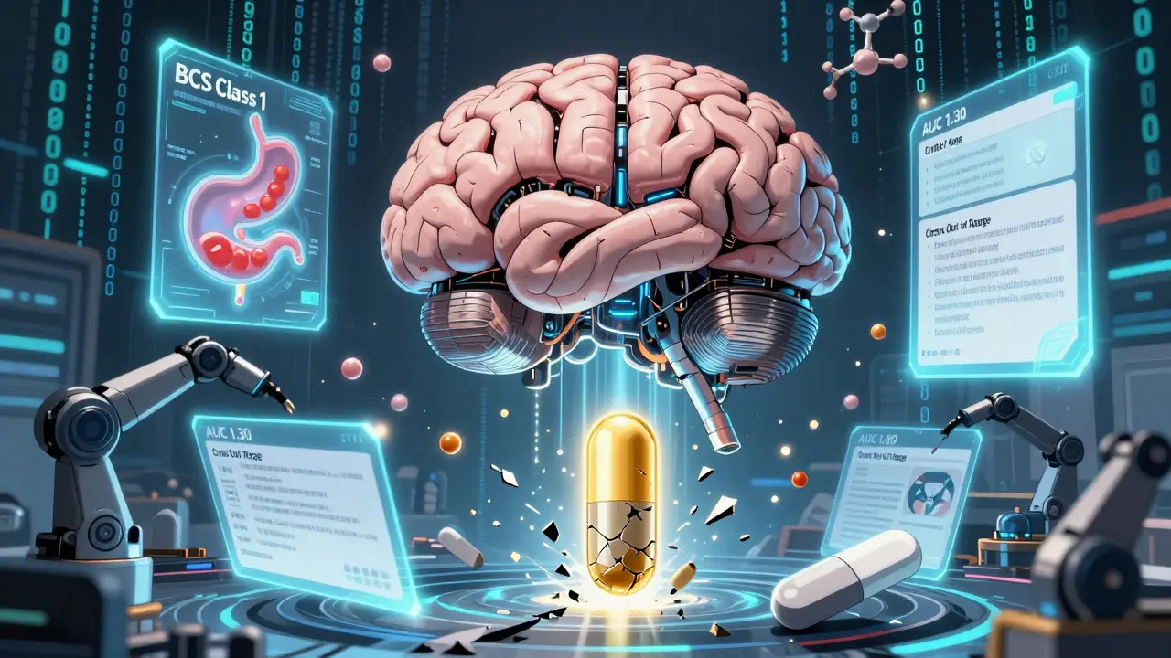 AI brain hologram projecting drug dissolution, with a failed tablet shattering beside a glowing approved one.