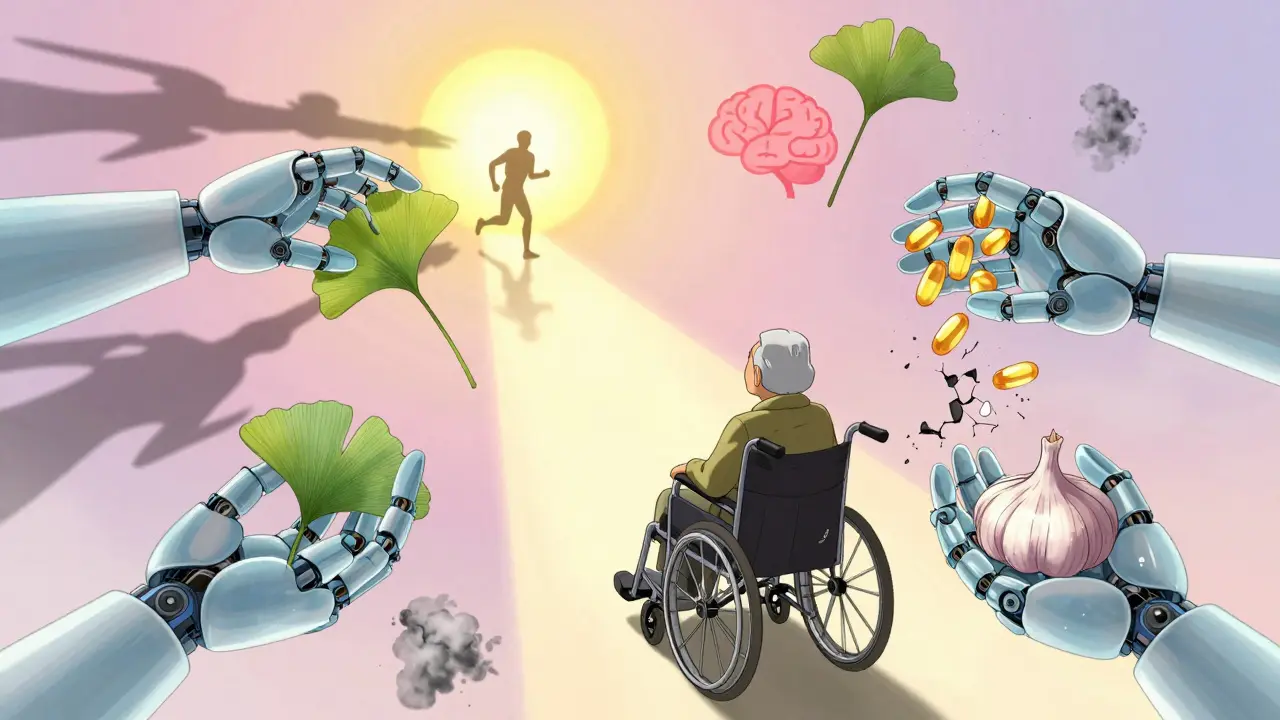 An elderly person surrounded by dissolving supplements, guided toward health by a golden sunbeam.
