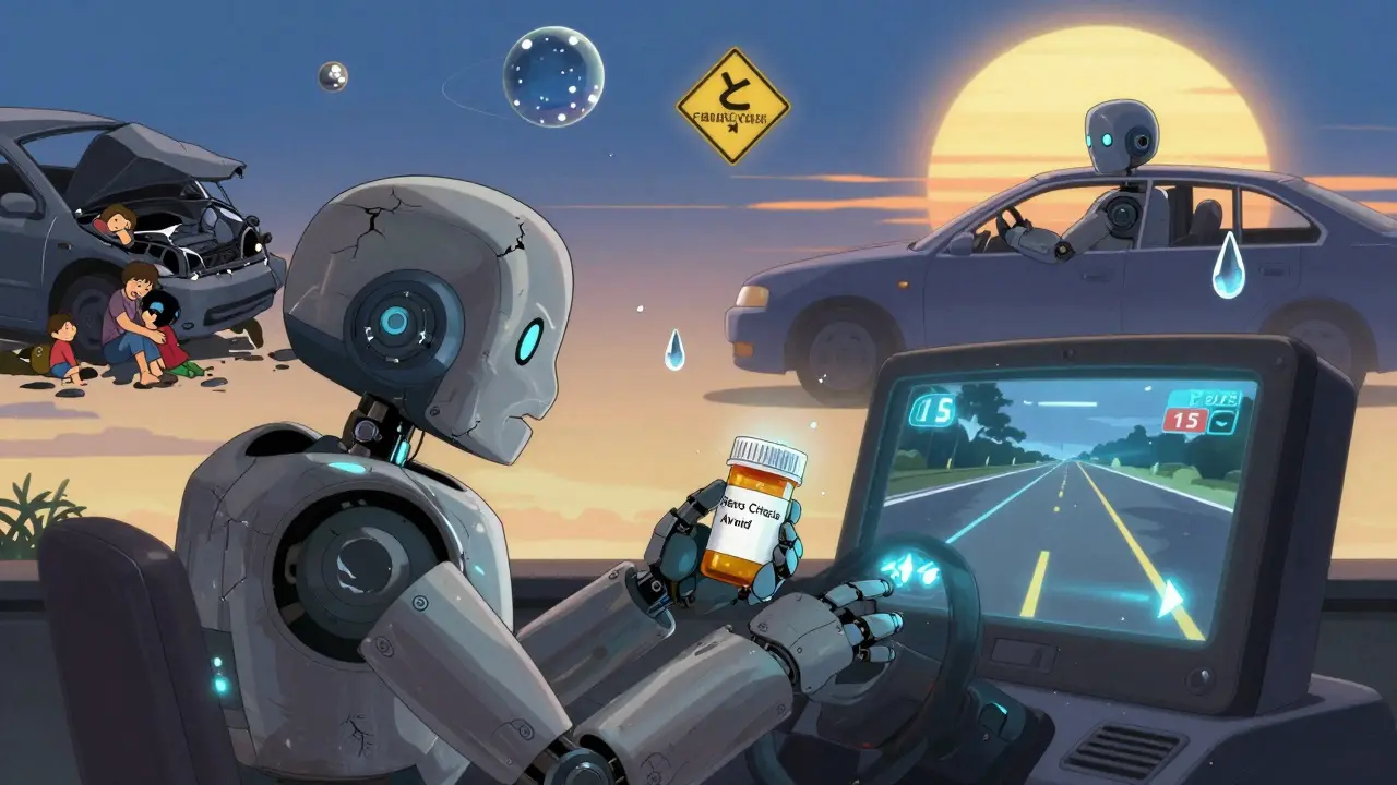 An elderly robot faces a driving simulator while a younger robot watches, two contrasting futures glowing behind them under dawn light.