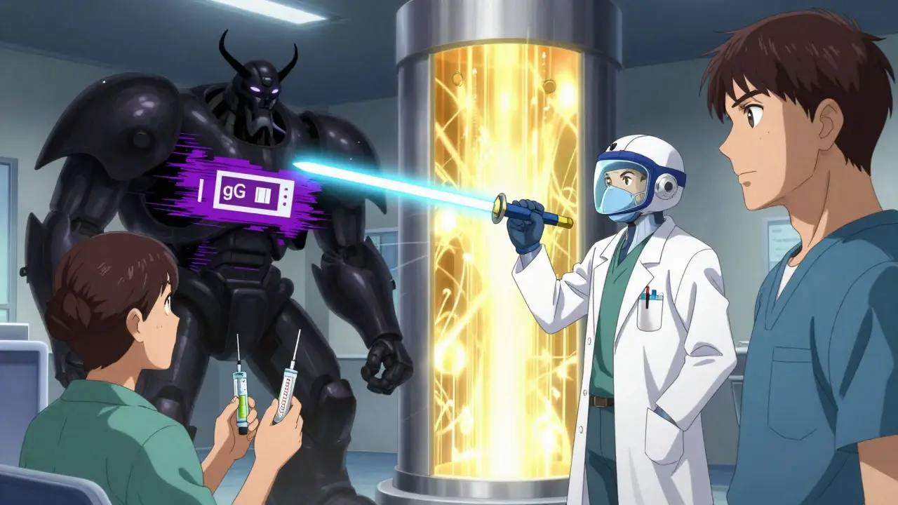 Doctor wielding breath analyzer sword against glitching test monster, patient holding epinephrine injectors.