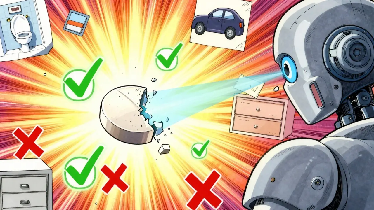 Floating expired pill being scanned by laser beams with warning symbols around it.