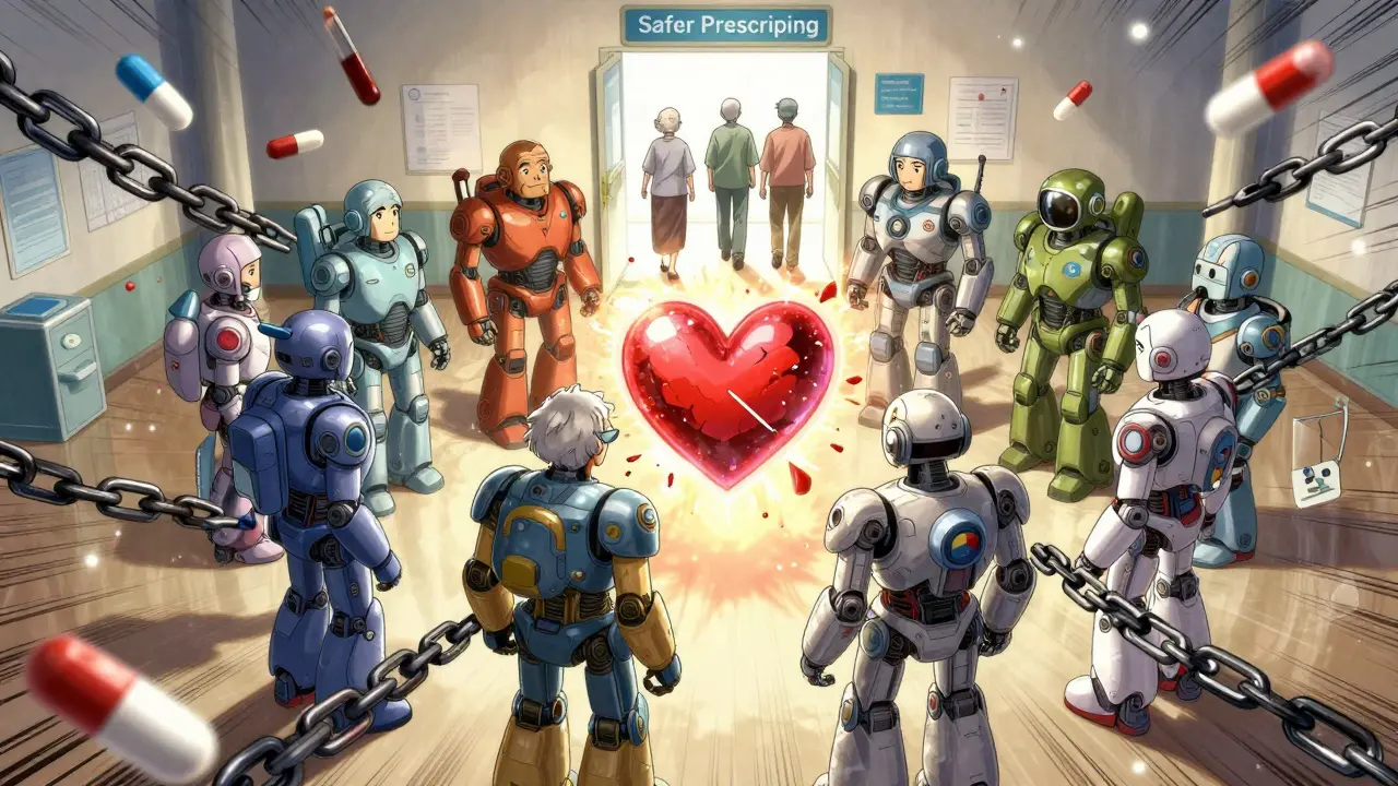 Heroic medical robots shatter dangerous drug chains around elderly patients heading to safety.