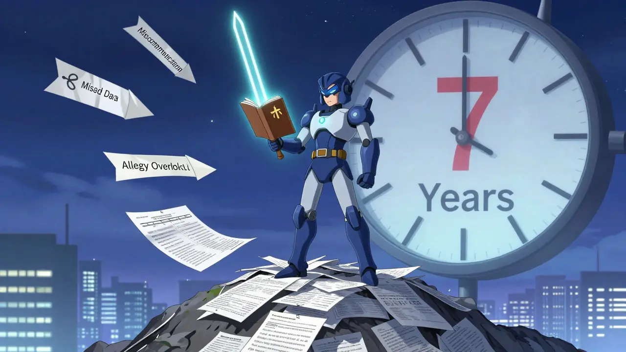 Heroic patient wielding a glowing notebook as a shield against medical error arrows on a mountain of charts.