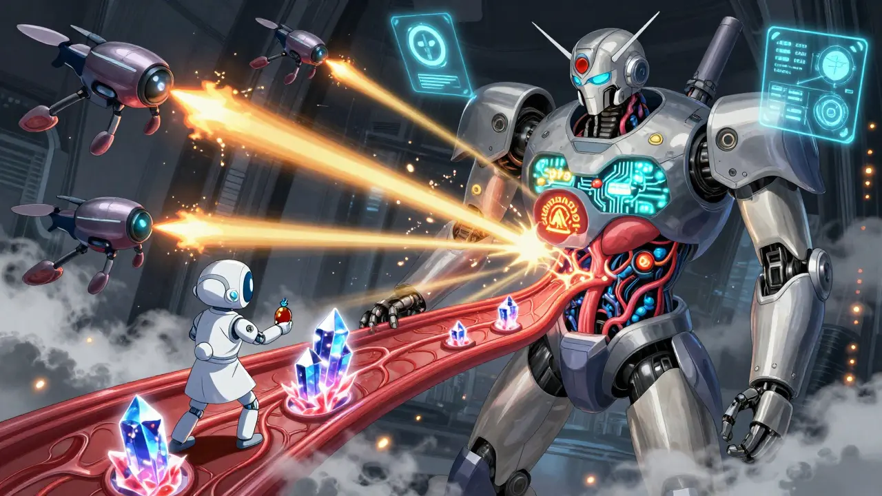 Internal view of a body in battle against NSAID drones, with vitamin K nurses stabilizing blood flow.