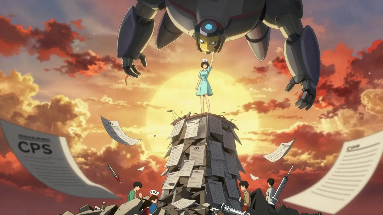 Nurse atop a paper tower as legal documents float around, a giant robotic guardian reaches to save her.