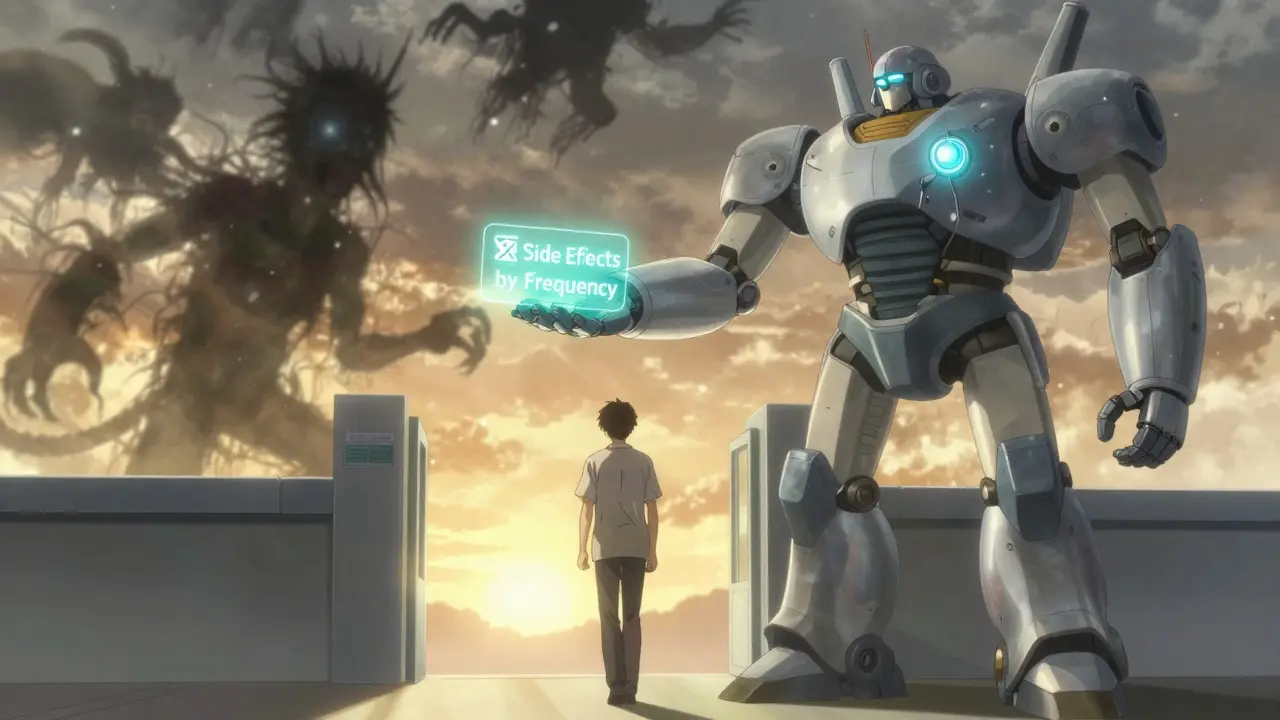 Patient walking away as a robotic pharmacist dissolves shadowy side effect monsters into light.