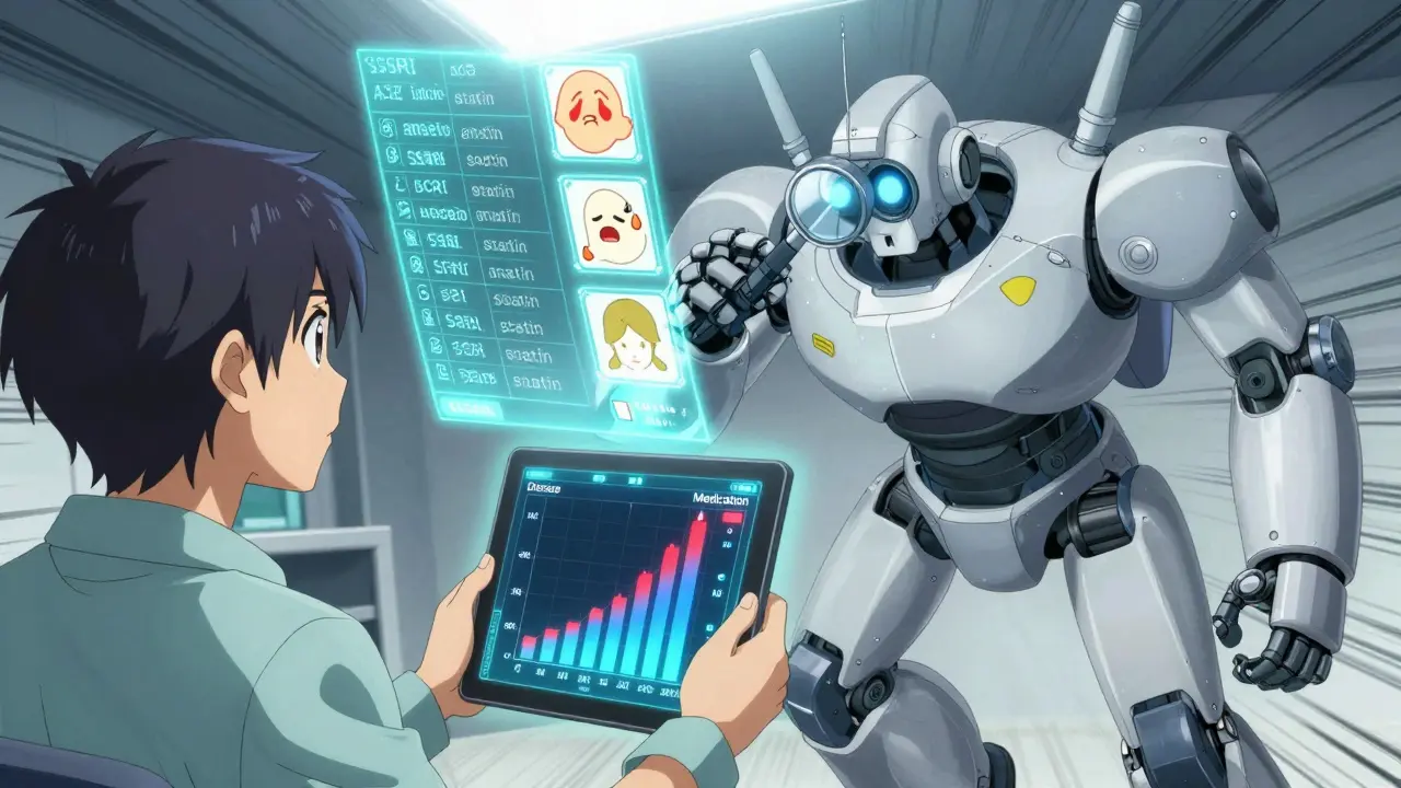 Patient with tablet watched by robotic pharmacist analyzing drug side effects in floating icons, manga style.
