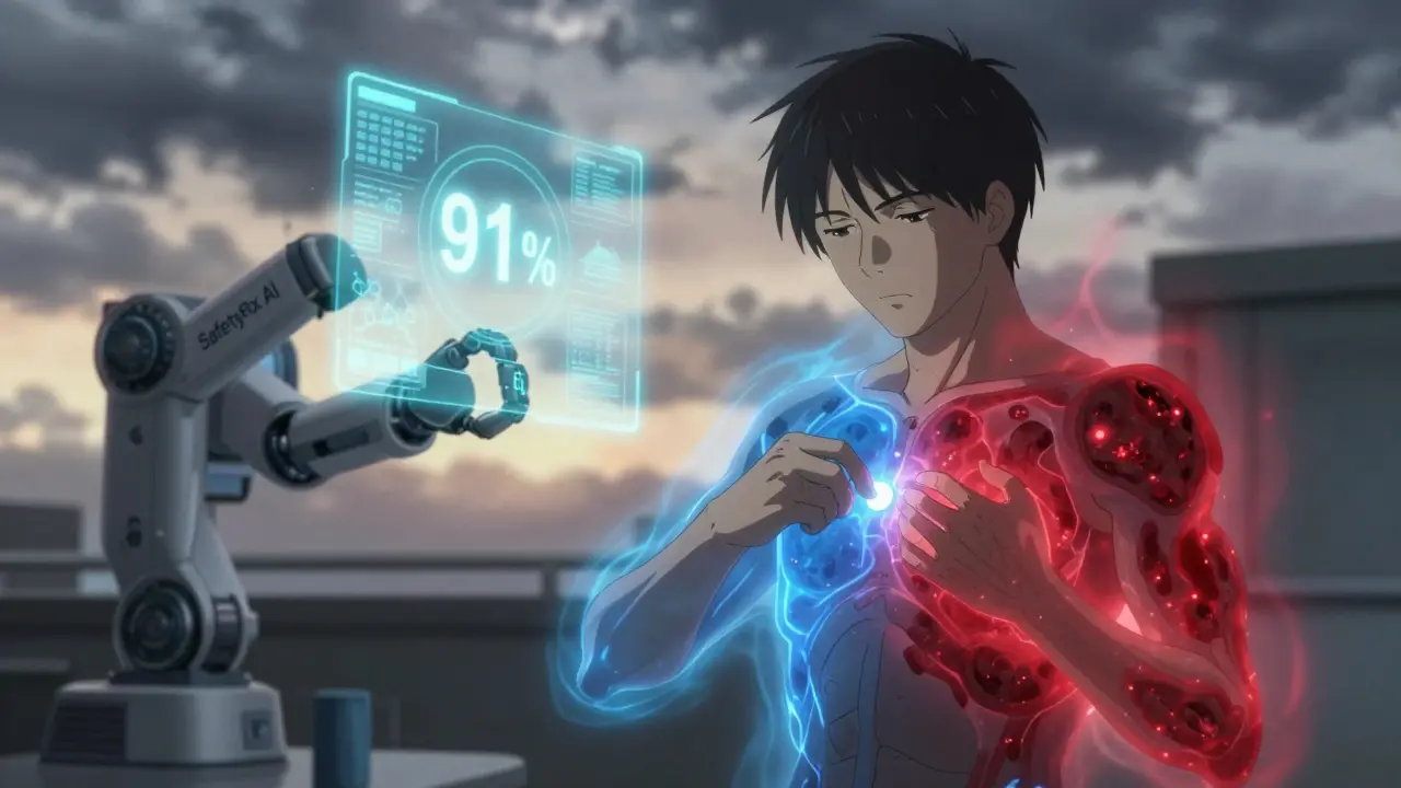 Person removing pill as blue side effects vanish and red disease aura fades, AI robot glowing in background, anime style.