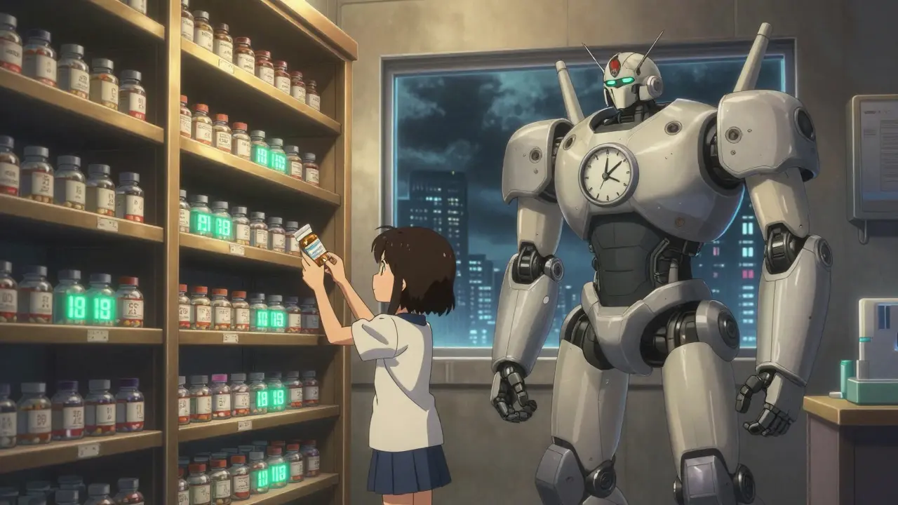 Robot guardian watches over a closet medical storage system with glowing expiration dates.