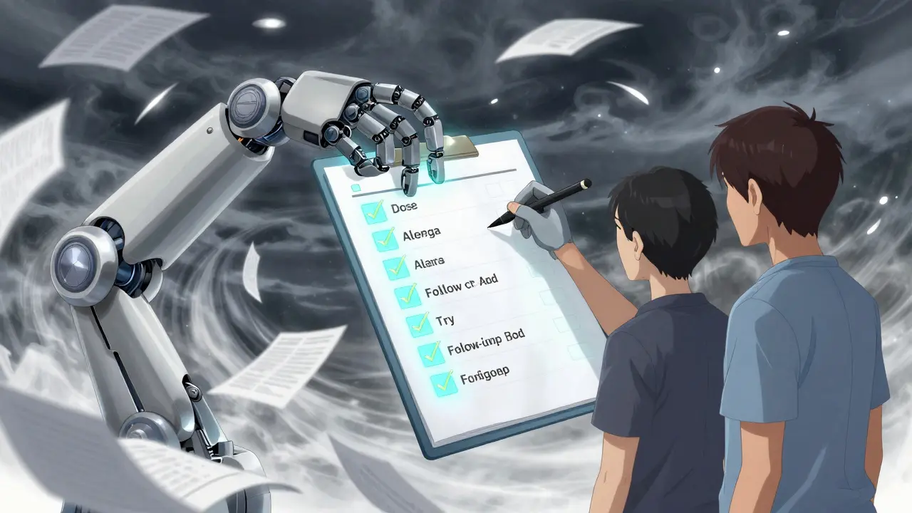 Robotic arm writing medical notes in mid-air as a checklist glows beside a swirling storm of documents.