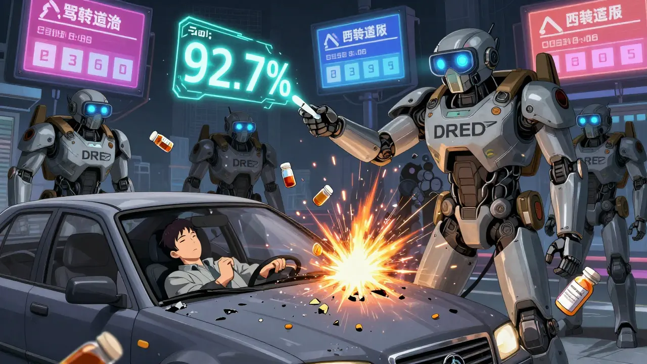 Robotic DRE officers examine a crashed car with floating drug test results and shattered pill bottles in a high-tech urban scene.