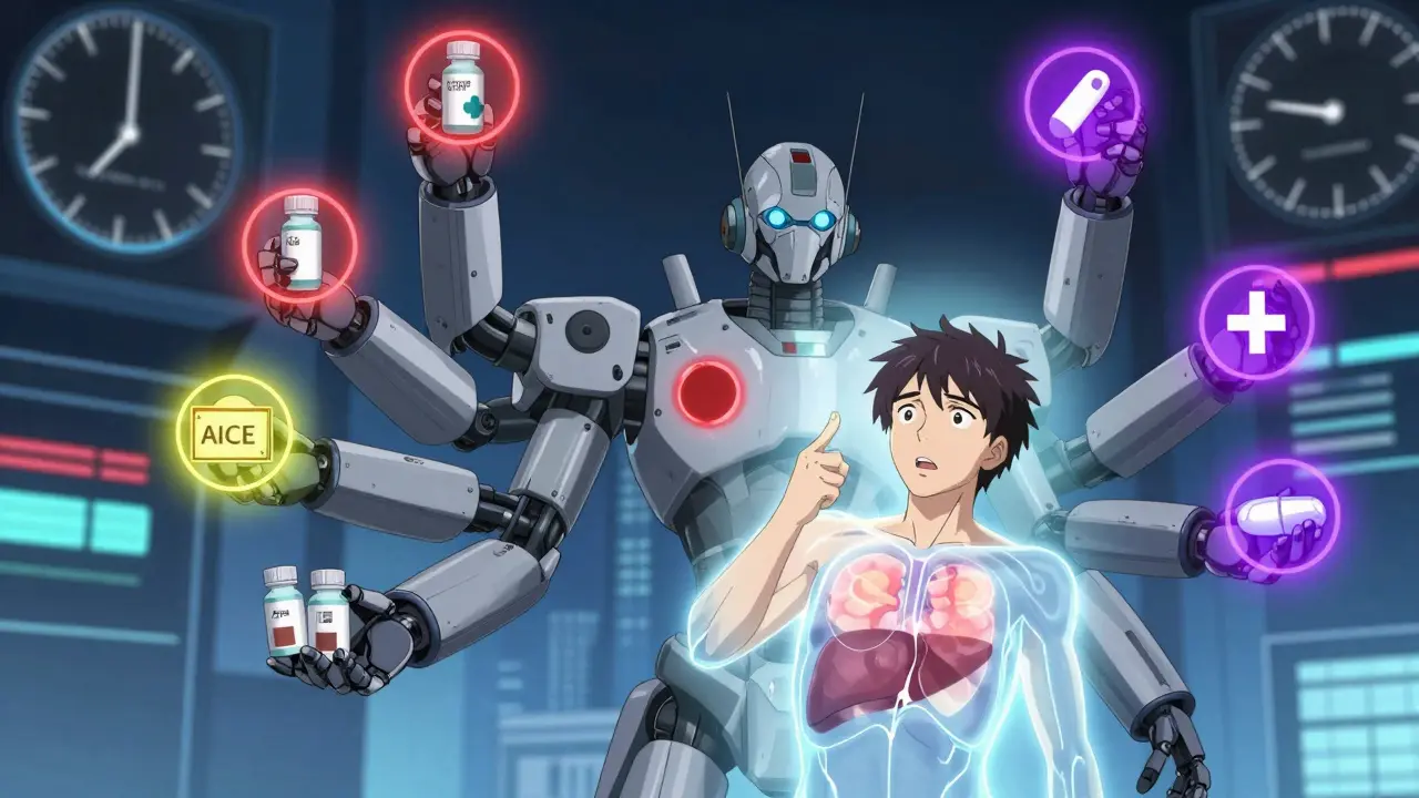 Robotic pharmacist scanning a patient’s body with colored auras representing different timeframes of side effects.