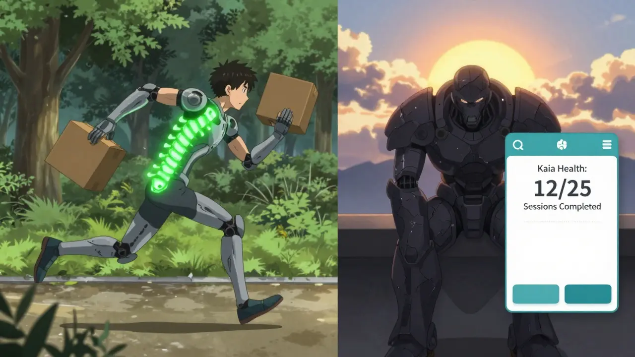 Split scene: one side shows a person moving freely with a glowing spine, the other shows them trapped in dark armor with a recovery app visible.