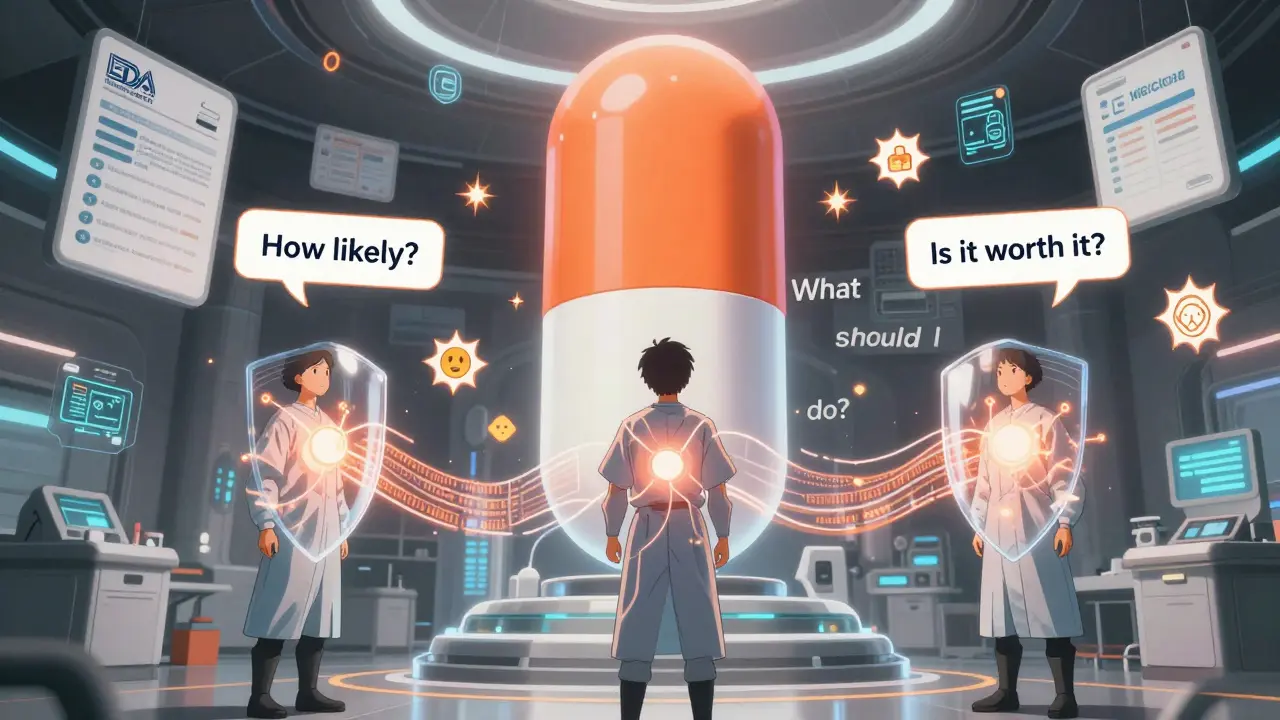 Three patients connected to a giant pill-shaped AI console as their questions generate protective shields.