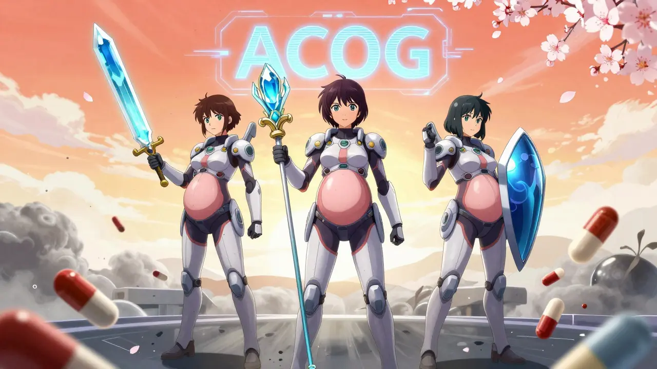 Three pregnant women wield safe antibiotics as weapons, standing united against crumbling dangerous drugs under a glowing ACOG logo.