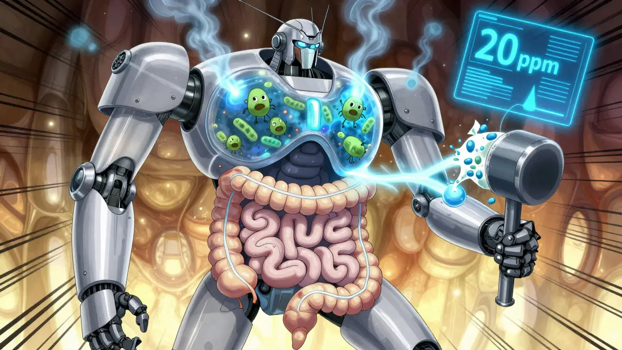 Translucent digestive robot with fermenting bacteria and lactase enzyme hammer, blue hydrogen gas rising.