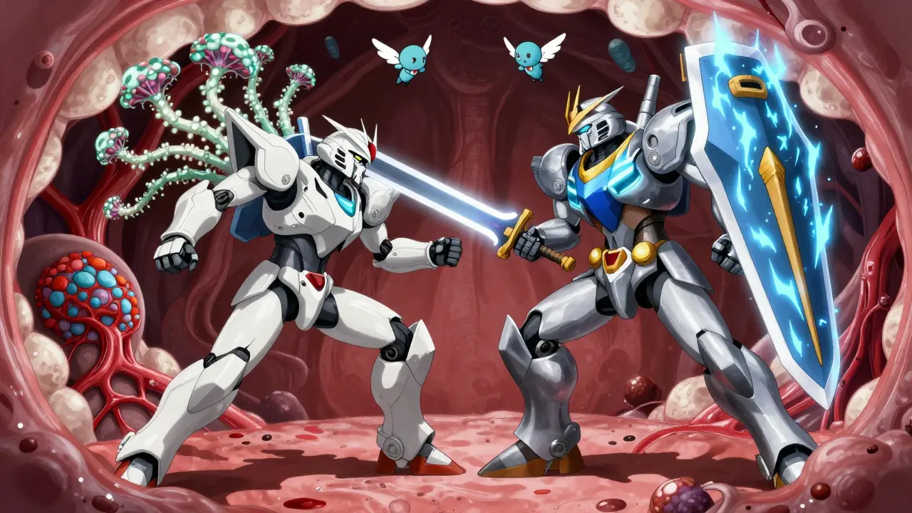 Two mechs battling inside a mouth, one covered in fungus, the other wielding a toothbrush sword.