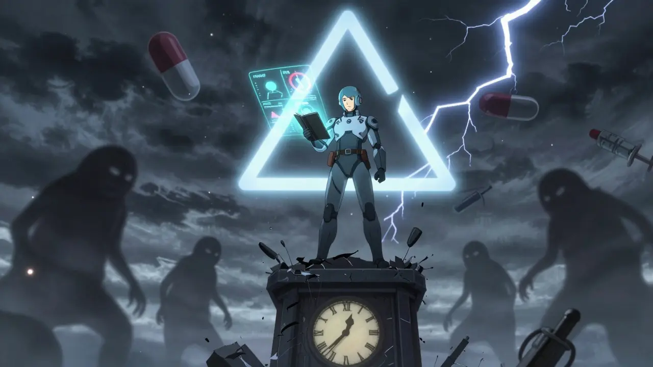 Warrior atop a clocktower holding a glowing journal of symptoms, with pill-shaped monsters rising from below.