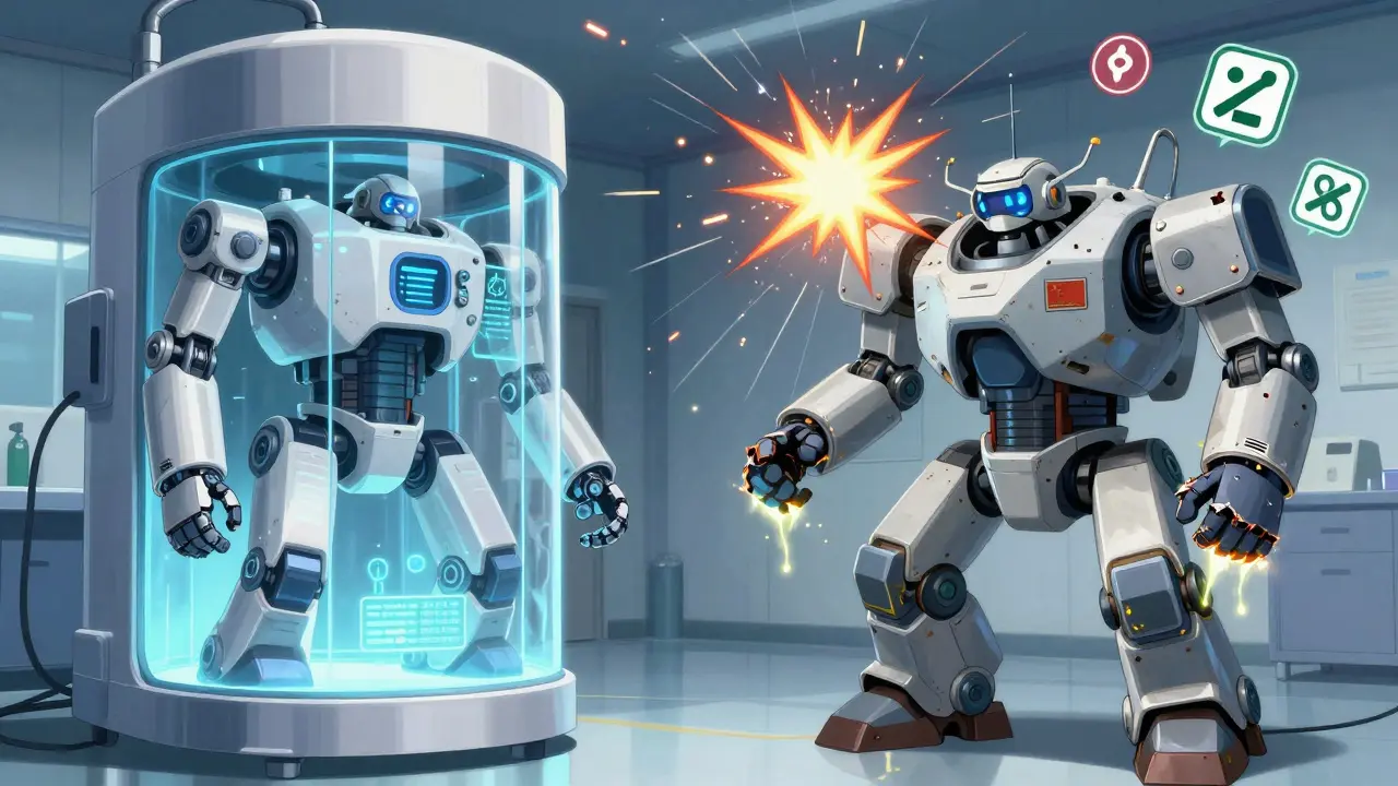 A battle between a sealed robotic isolator and a leaking RABS unit, with data streams and contamination sparks flying.