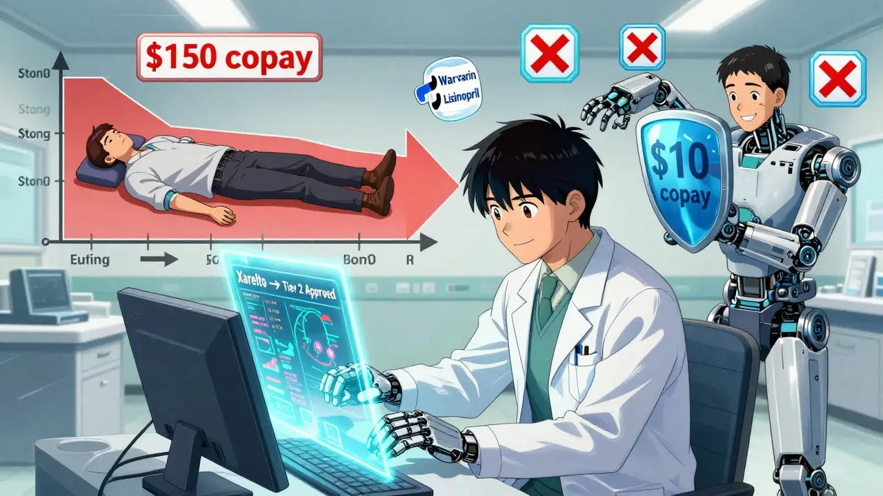 A doctor uses a holographic interface to approve a tier exception, while a patient is shielded from a heavy copay burden.