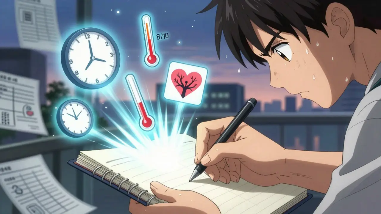 A hand writes symptoms as floating data icons burst around them in anime style.