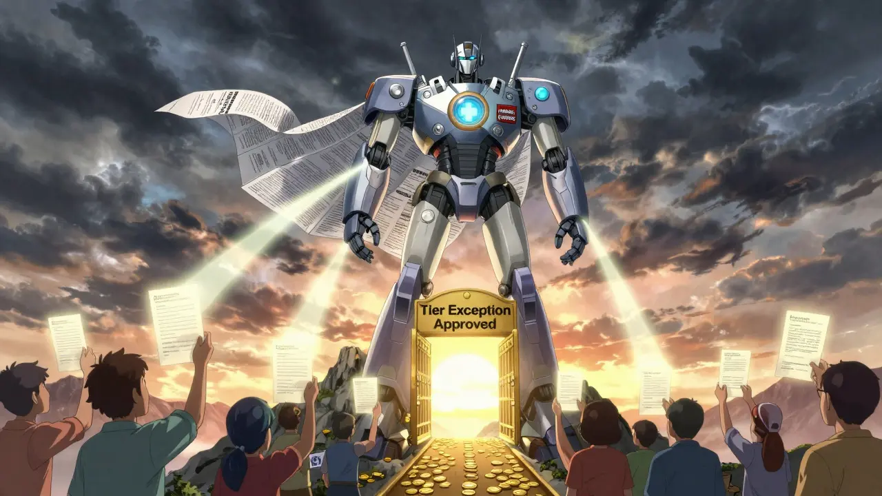 A heroic robot powered by clinical evidence opens a gate to approved tier exceptions, guiding patients toward <h2>What to Do If You’re Denied</h2> copays.