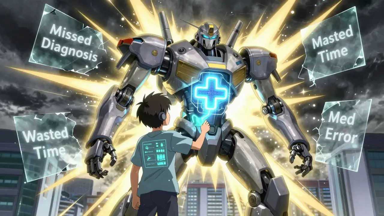 A patient and companion merge into a glowing medical mech unit defeating errors.