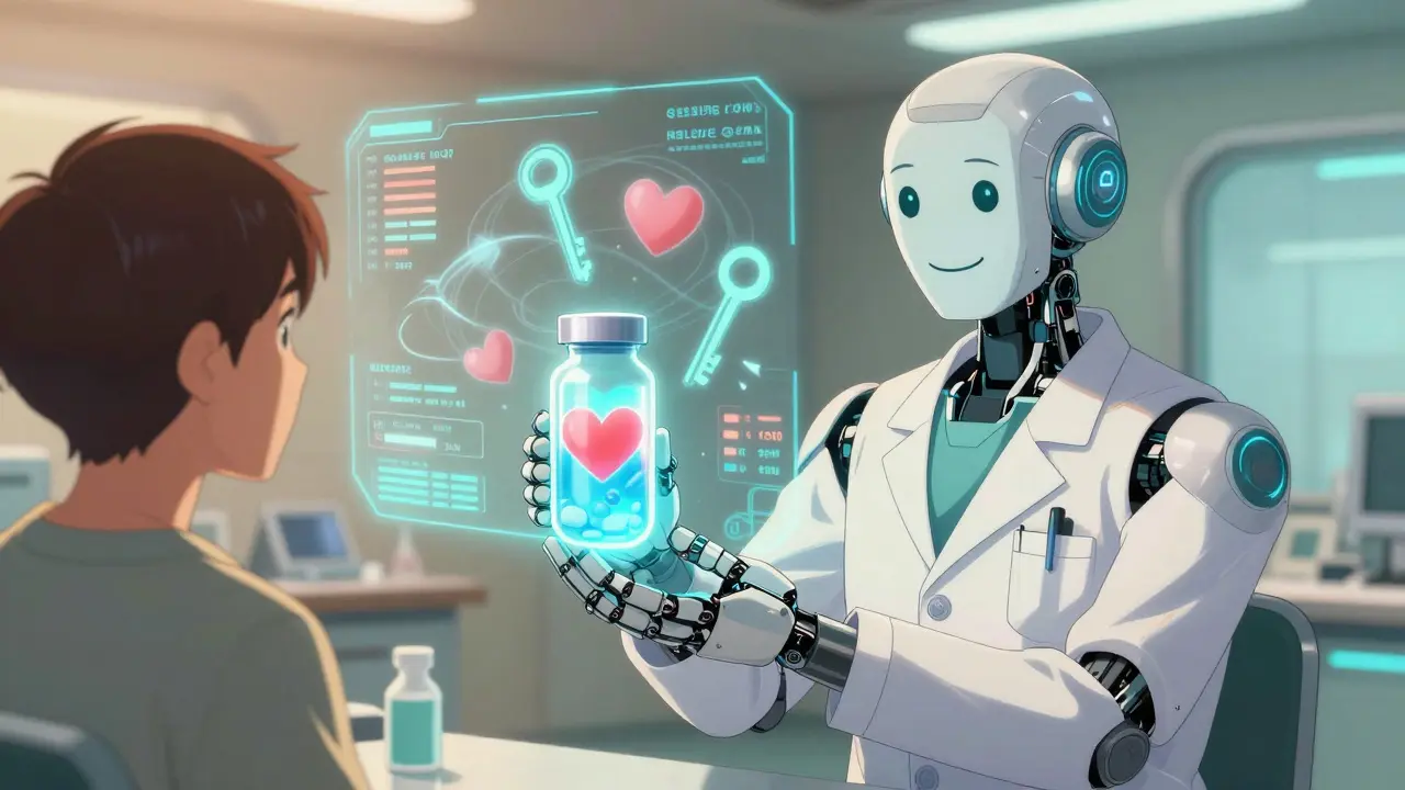 A robot doctor offers a transforming pill capsule as holographic genetic codes swirl, symbolizing personalized medicine.