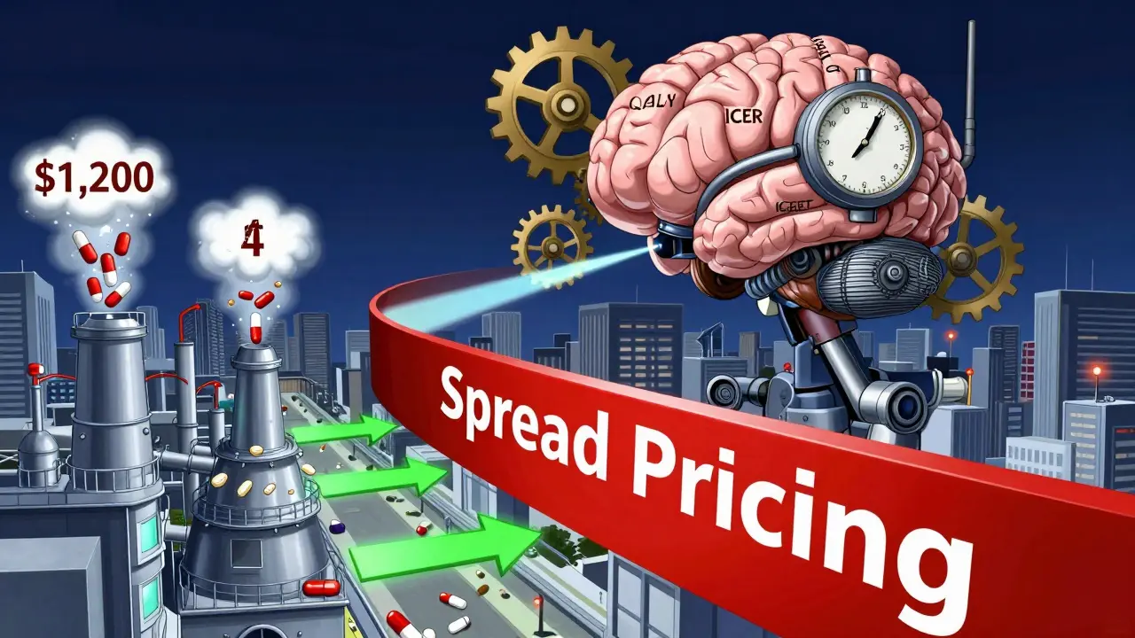 A robotic brain machine analyzing drug prices, cutting through a barrier of corporate greed to reveal cheaper medical alternatives.