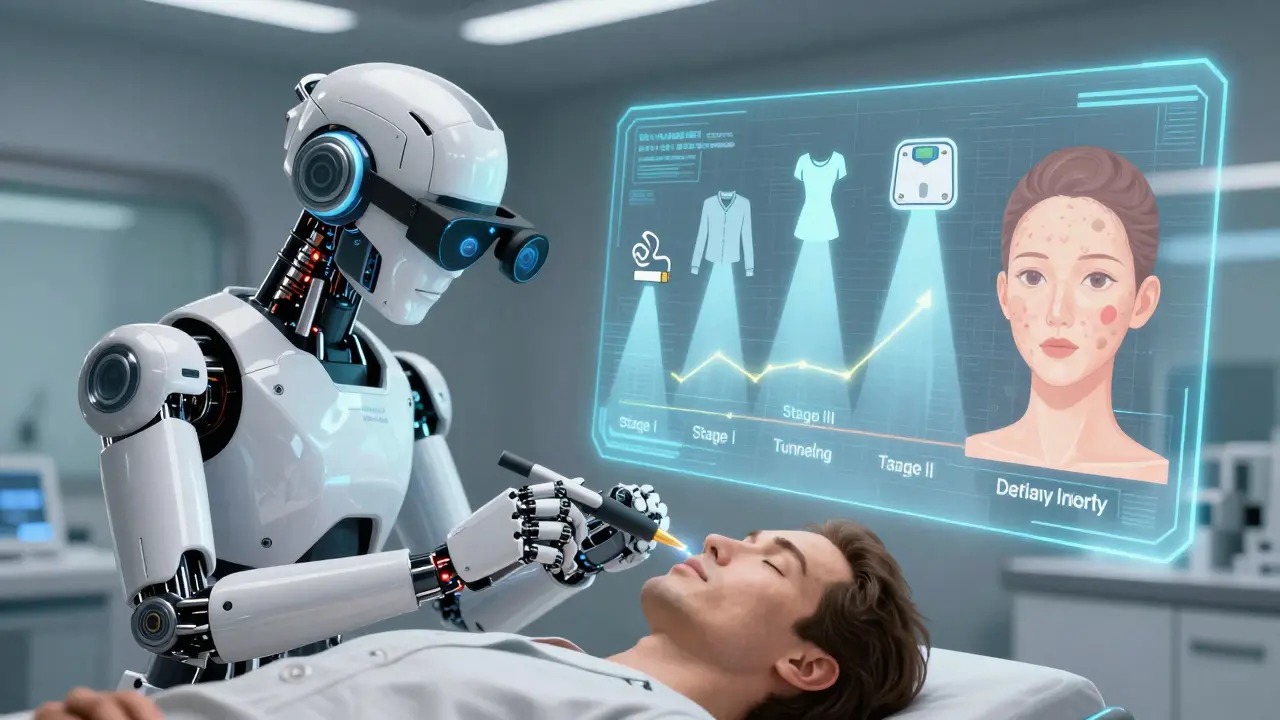 A robotic dermatologist projects a healing timeline from severe HS to clear skin.