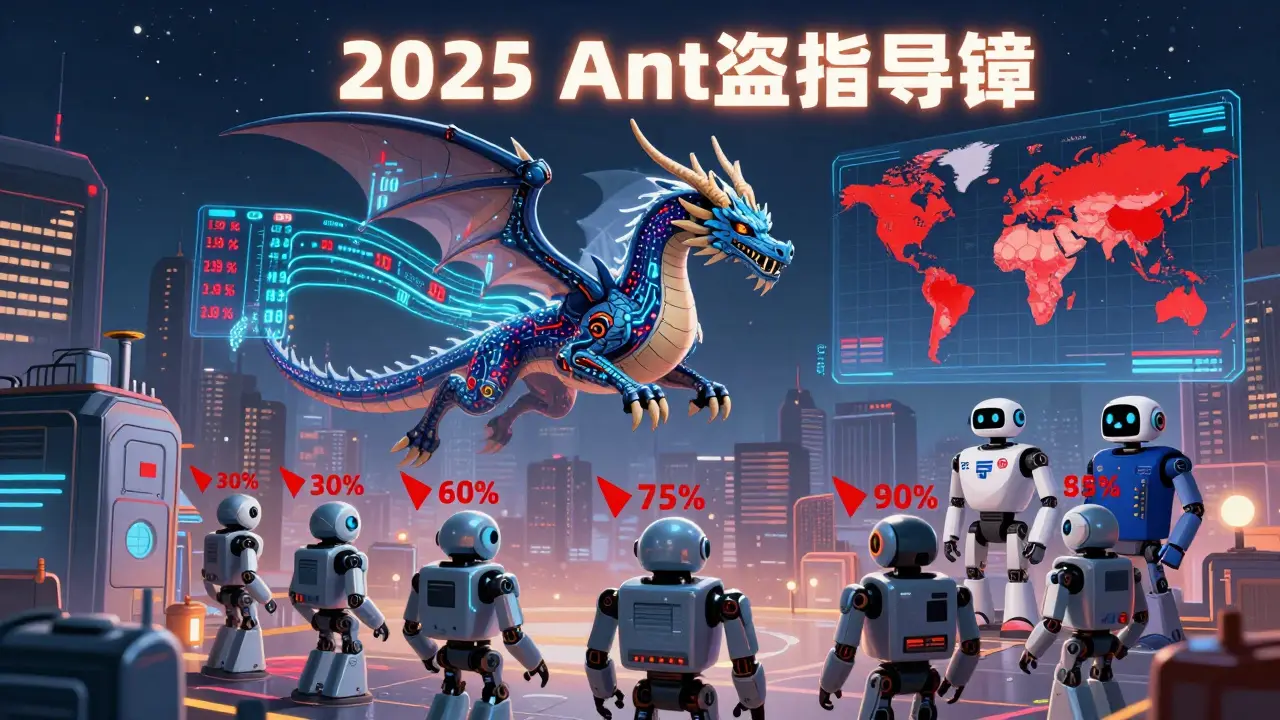 An AI dragon with pricing data wings watches generic drug robots emerge, as global antitrust enforcement maps glow in the sky.
