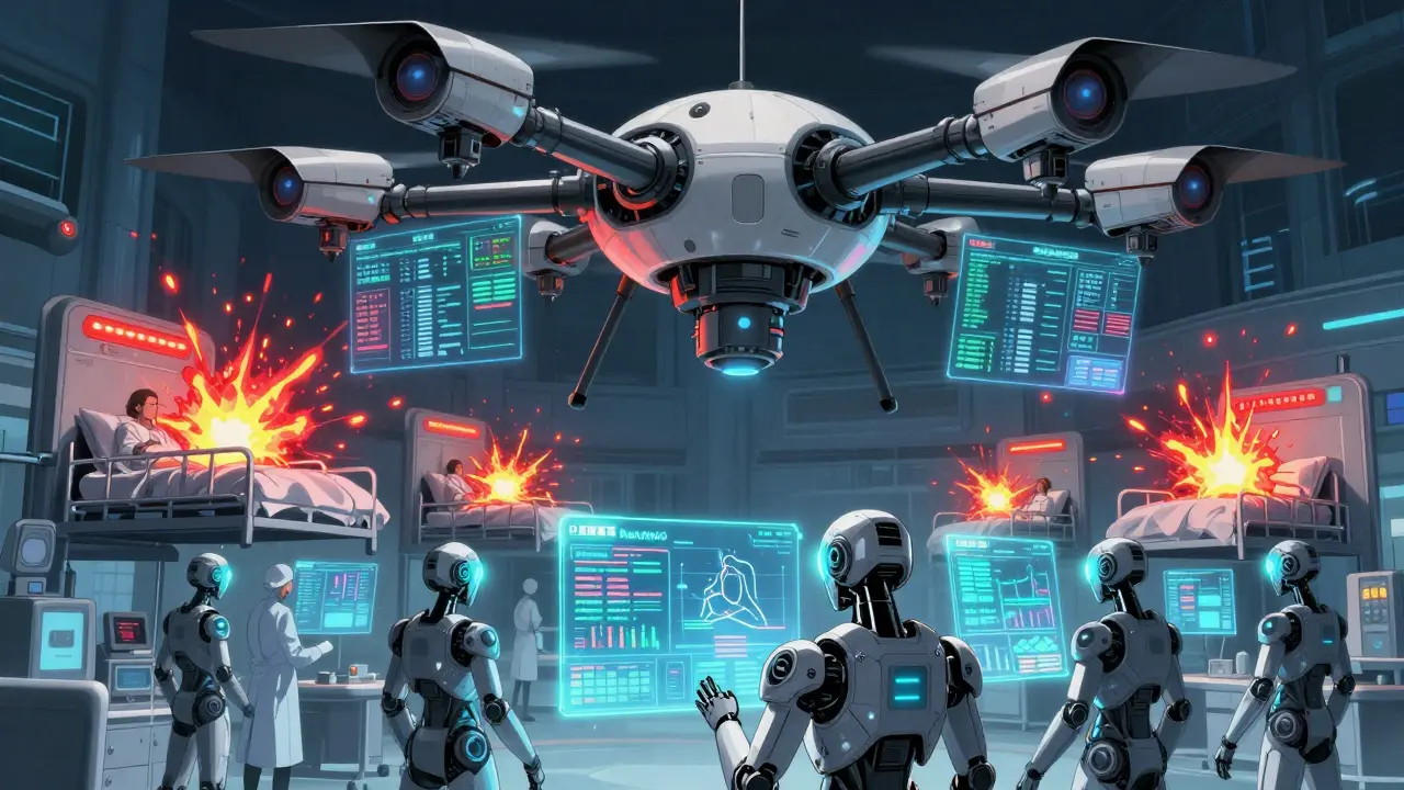 An AI surveillance drone scanning patient data with red hazard signals erupting from hospital beds.
