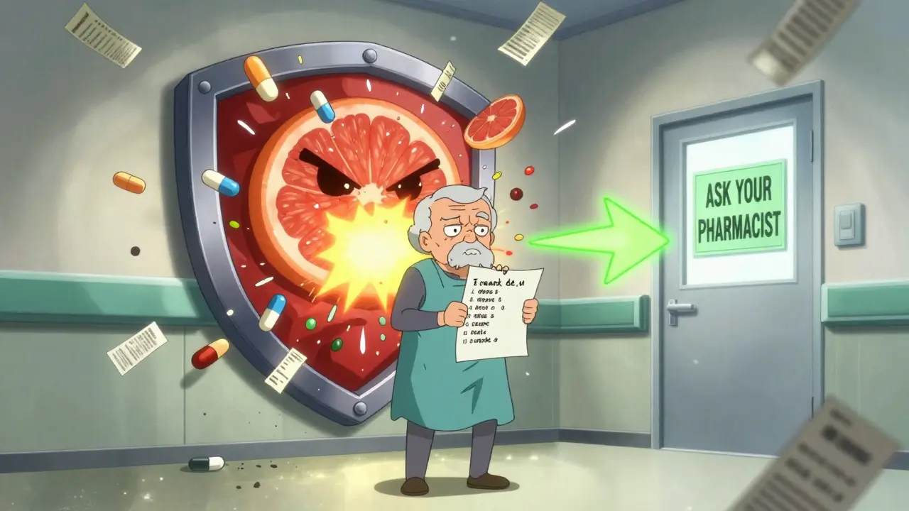 An elderly patient holding a medication list as warning symbols shatter, light guiding them to ask their pharmacist.