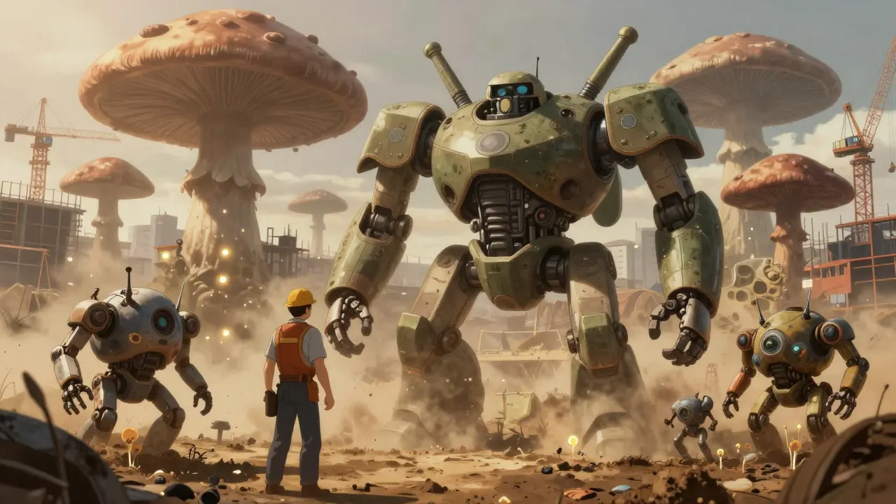 Fungal spore robots emerging from soil in construction environment