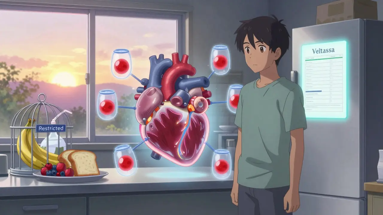 Heart engine protected by nano-bots trapping potassium, safe foods glowing on fridge, restricted items caged.