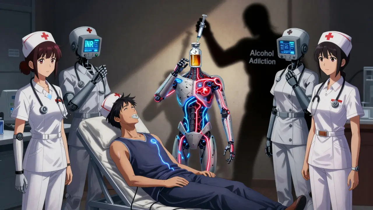Robotic nurses protect a patient from an alcohol syringe, glowing INR pathways visible in the dark.