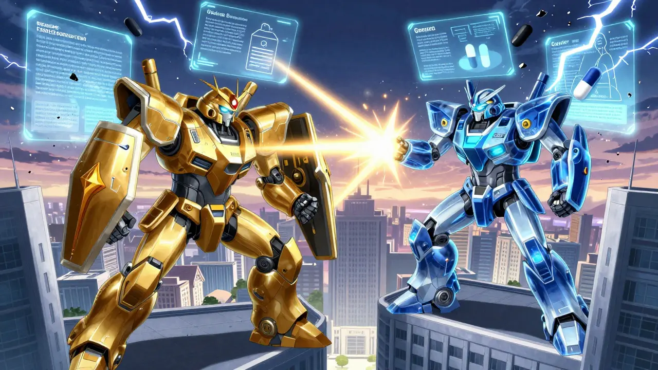 Two robotic factions battle over FDA regulations, with patent shields shattering as FTC enforcement beams strike down anti-competitive tactics.