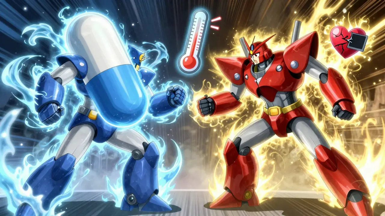 Two robotic warriors battle — one freezing desire with cold energy, the other reigniting it with warm light.