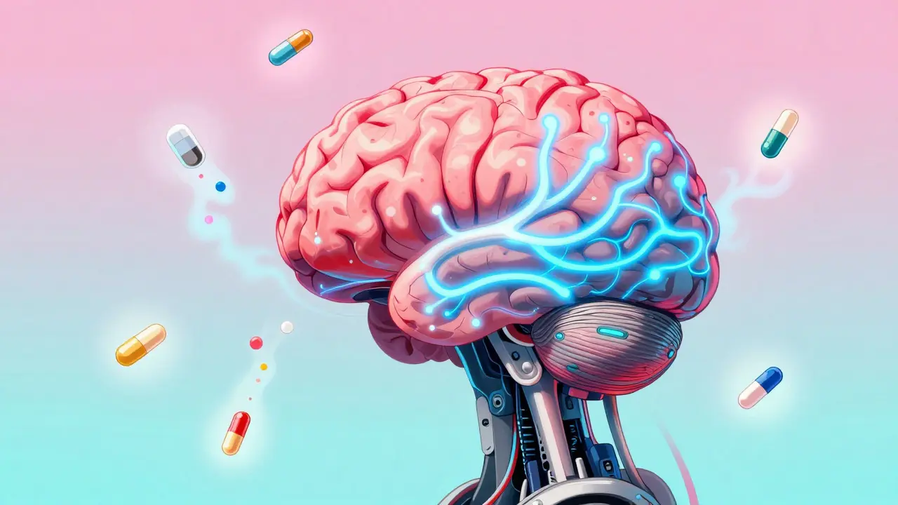 A brain with glowing neural pathways where receptors dim from red to blue, symbolizing reduced sensitivity to medication side effects.