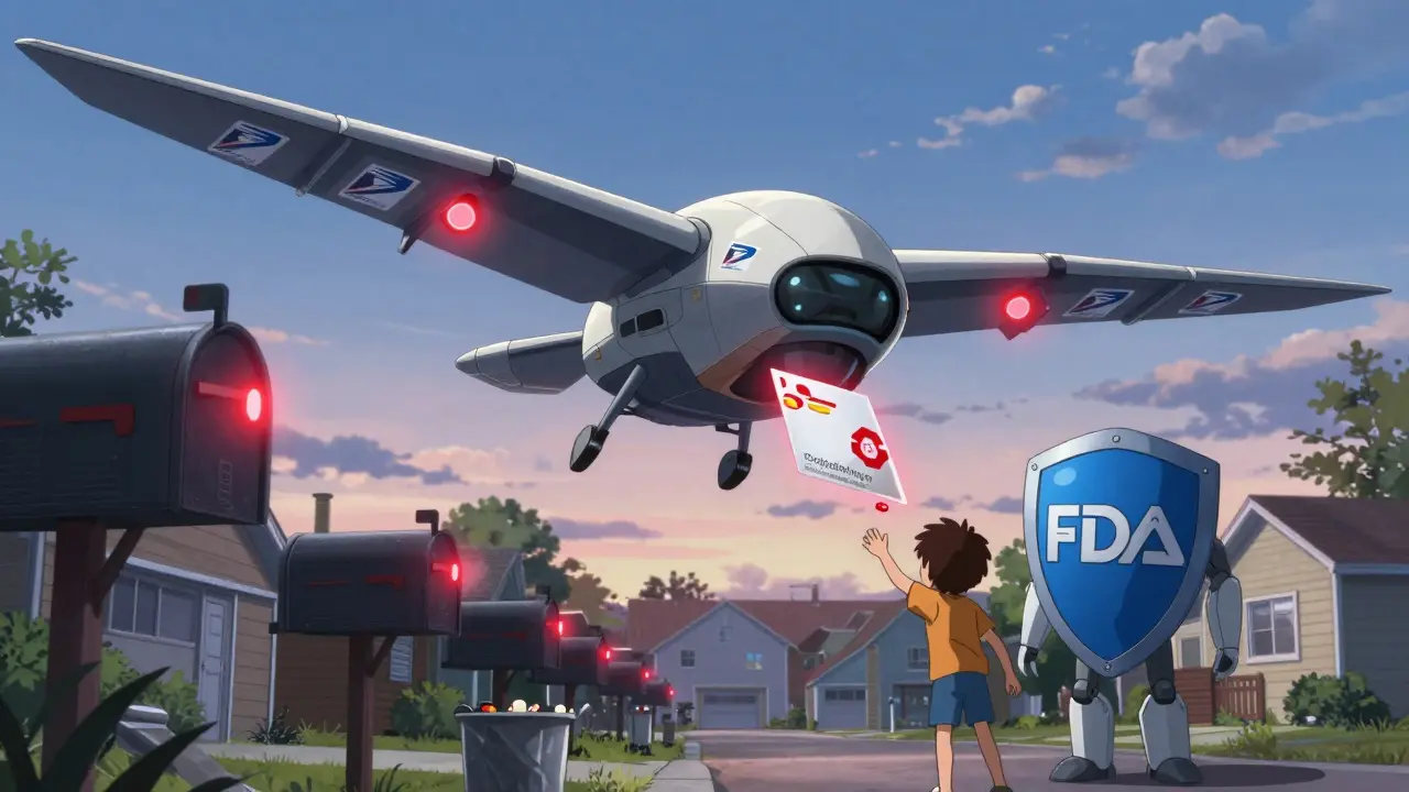 A drone delivers mail-back envelopes to homes while a guardian robot prevents child from accessing pills.