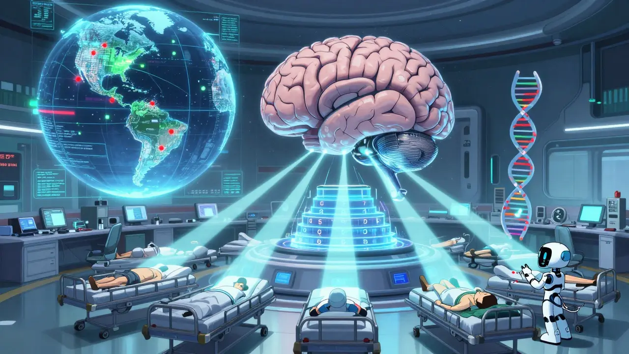 A futuristic control room with a holographic drug supply globe and AI system matching patient DNA to tiered medications.