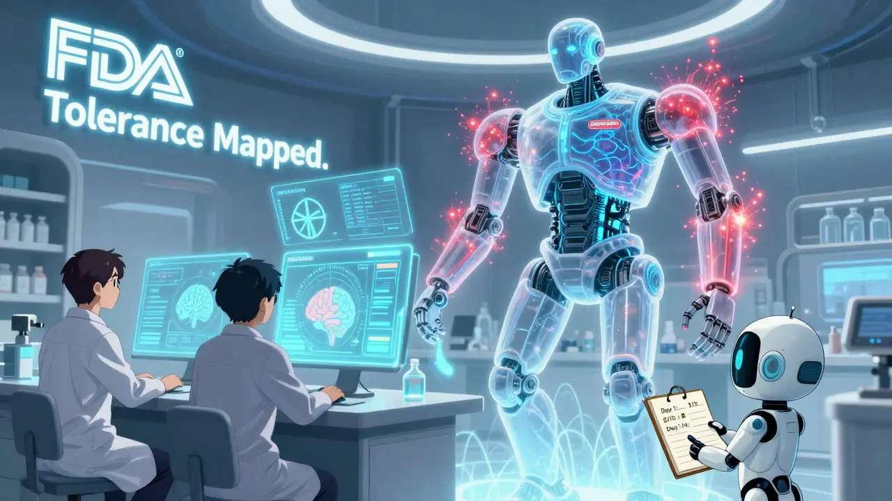 A futuristic robot with calming blue pulses, red side-effect sparks fading, while a child logs improvement over days.