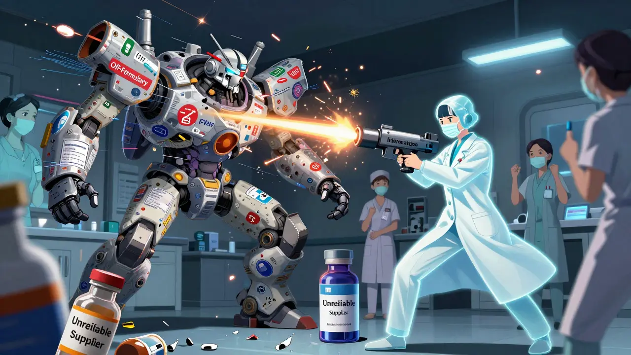 A heroic pharmacist uses a therapeutic interchange cannon to defeat a chaotic off-formulary monster in a high-tech hospital battle.