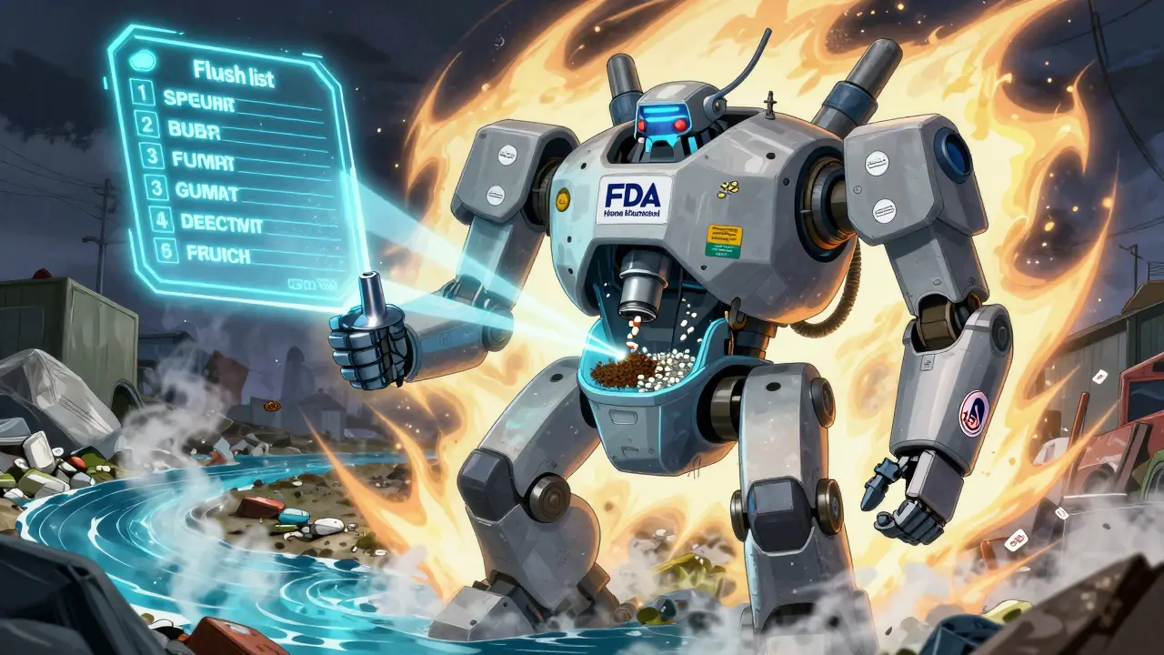 A massive robot safely mixes expired meds with absorbent materials to prevent environmental contamination.