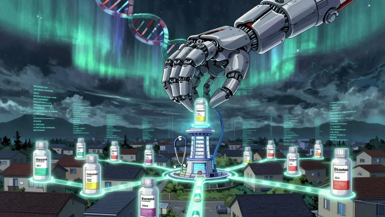 A massive robotic arm delivers medication packages to homes via glowing pathways, with a pharmacy tower in the background.