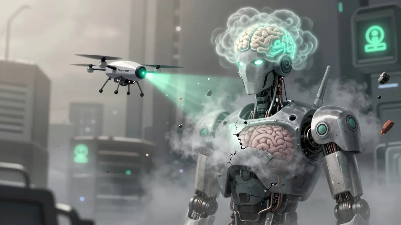 A robot with a fogged brain is being helped by a drone called Topiramate, which reduces weight but causes cognitive fog clouds to rise around it.